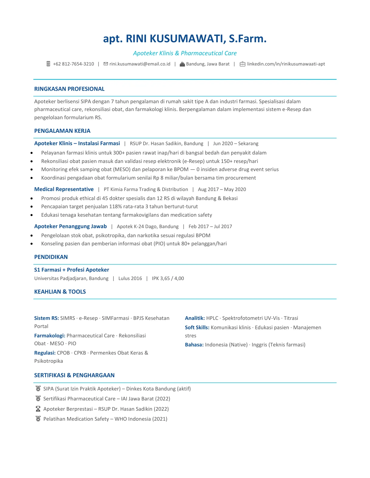 template cv apoteker indonesia profesional gratis
