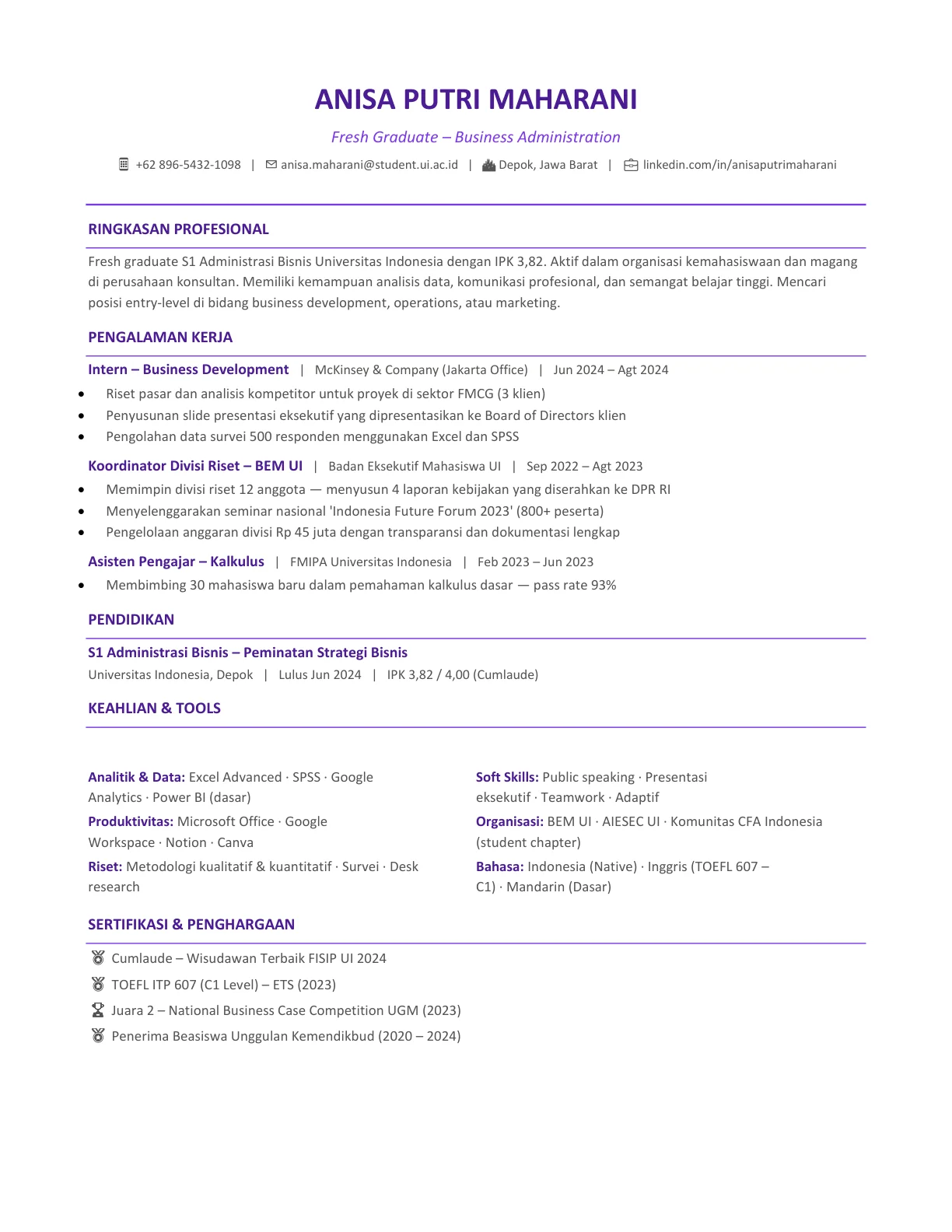 template cv fresh graduate indonesia profesional gratis